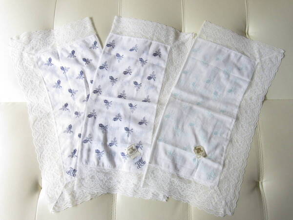 ★【未使用品込み・送料込み】「HANAE MORI ハナエモリ」レースつき 大判ハンカチーフ 3枚セット 森英恵 ★
