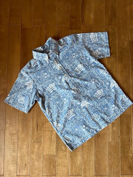 名作90's ハワイ製 reyn spooner レインスプーナー ラハイナセーラー ウィメンズS相当 ボーイズ14-16 サイズL Lahaina Sailorアロハシャツ