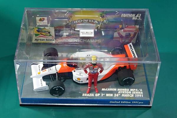 【絶版/希少品】ミニチャンプス製 セナ展限定 1/43 マクラーレン・ホンダ MP4/6(A.セナ) ドライブ+スタンディング両フィギュア付き ☆