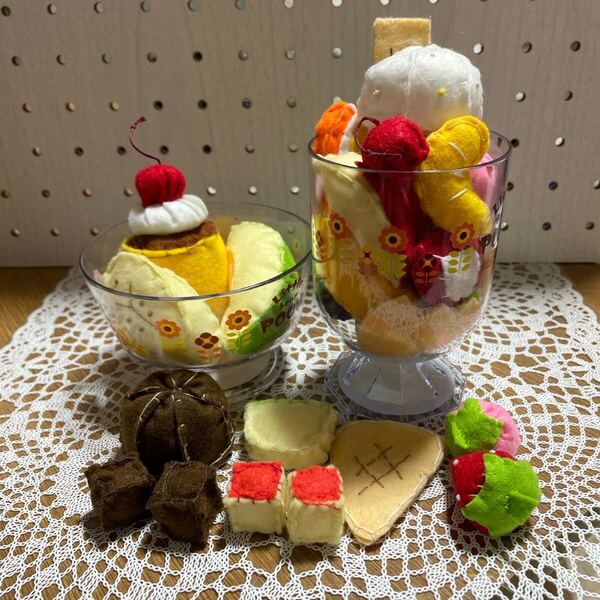 ♪ako♪ 新品 洗える手作りフエルトおままごと プリンアイスフルーツセット ハンドメイド 幼稚園 保育園 お家遊び お孫さん