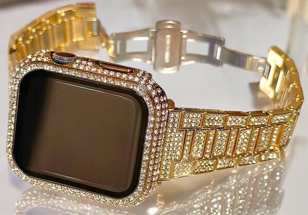 gs★アップルウォッチ ステンレスベルト バンド Apple Watch キラキラ カバー ケース クリスタルゴールド 40mm 41mm 42mm 44mm 45mm 46mm