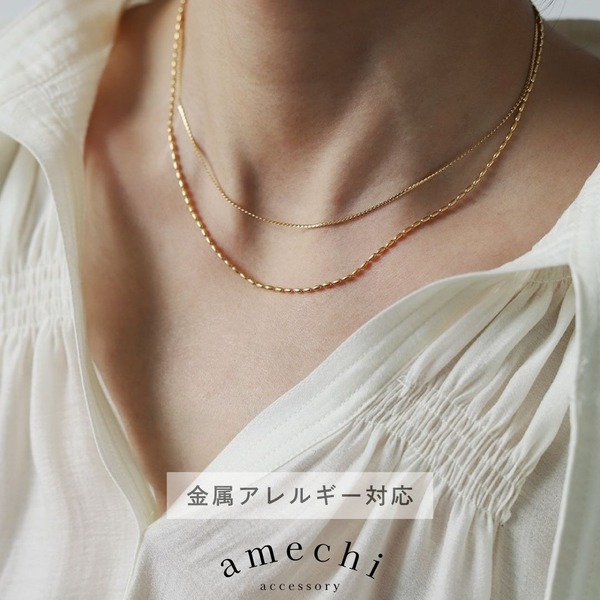 ネックレス 金属アレルギー対応 ステンレス ゴールド 金 2連 細い チェーン ライス 30代 40代 50代 レディース