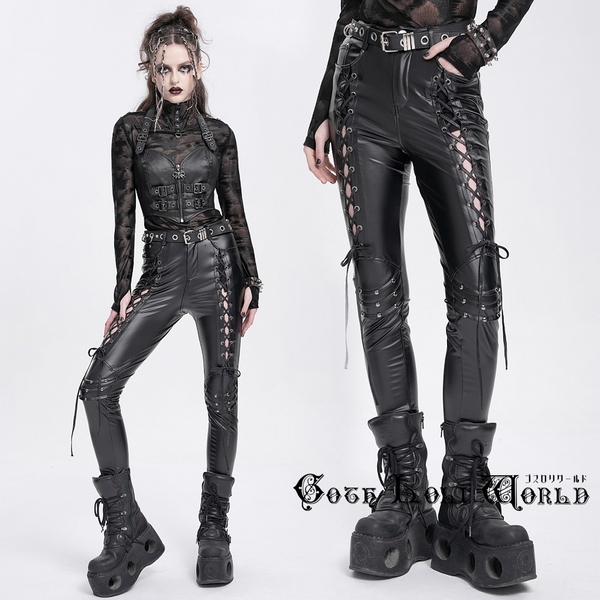 即納 PT271-L ゴシックファッション フェイクレザー レースアップ ロングパンツ ゴシック パンク ロック ビジュアル系