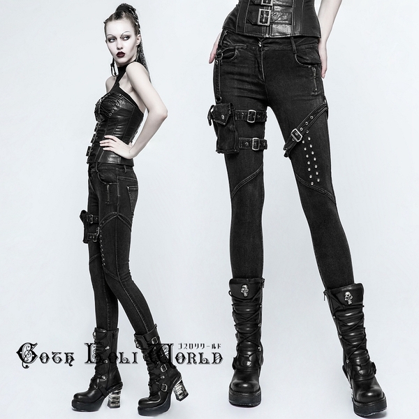 即納 K-295BK-S パンク ロック ファッション レッグホルスター付スキニー デニム ロングパンツ ゴシック V系 個性的 ライブ衣装