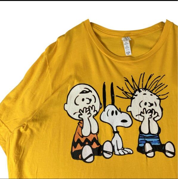 SNOOPY スヌーピー チャーリーブラウン キャラクターTシャツ2XLイエロー 00s 古着 キャラ 半袖Tシャツ
