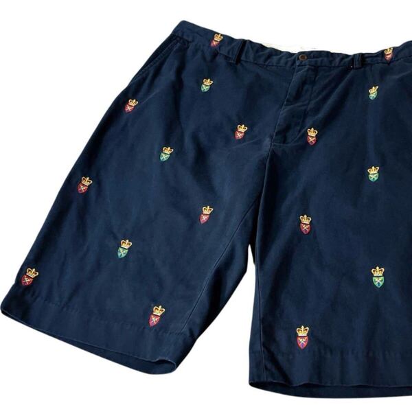 RALPH LAURENラルフローレン00s 刺繍 総柄 チノショーツ W40紺 ネイビー ハーフパンツ ショートパンツ 総柄 ラルフローレン