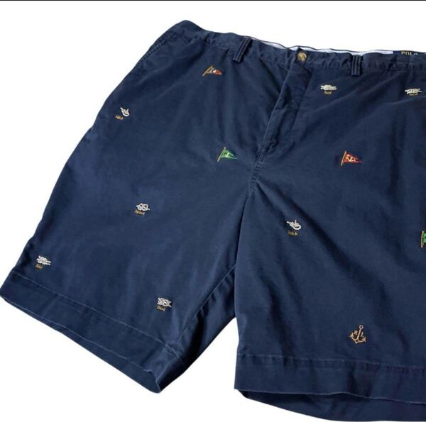 POLO RALPH LAUREN フラッグ刺繍 総柄 チノショーツ W42紺 ショートパンツ ハーフパンツ ポロラルフローレン ネイビー 刺繍