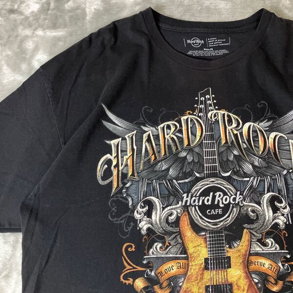 HARD ROCK CAFE ハードロックカフェ ビッグプリントTシャツ ギター ウィング 半袖Tシャツ 古着 00s Tシャツ 黒ブラック XL
