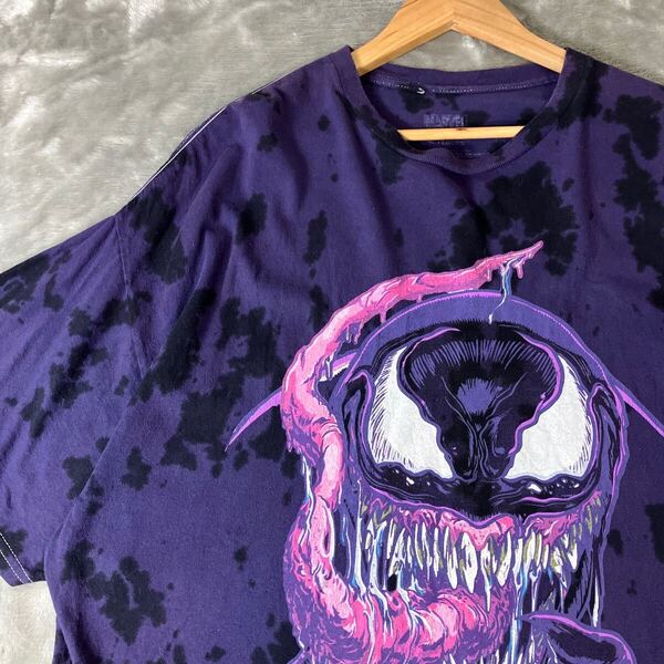 ヴェノム VENOM マーベル marvel アメコミTシャツ タイダイ キャラクターTシャツ 紫パープル黒ブラック 半袖Tシャツ 半袖 古着 XL
