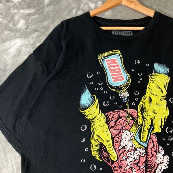00s ビッグプリントTシャツ ブレインウォッシュ 風刺画 ファニープリント 古着 半袖Tシャツ 黒ブラック 2XL ビッグシルエット