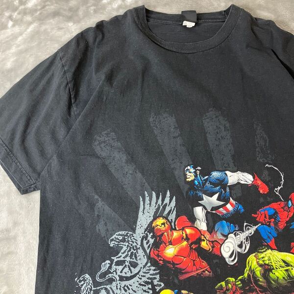 MARVEL マーベル アベンジャーズ アメコミTシャツ 半袖Tシャツ 黒 ブラック 古着 キャプテンアメリカ スパイダーマン ハルク XL