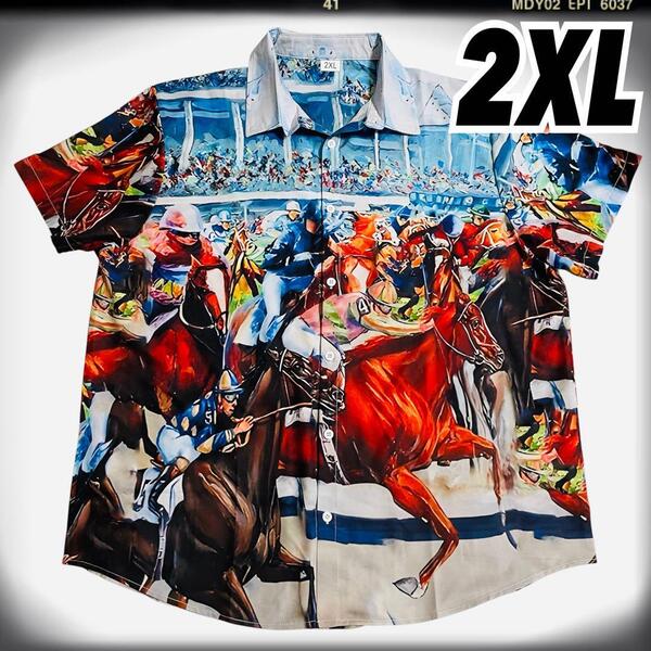 (480)2XL 競馬 馬 アロハ メンズ半袖シャツ オーバーサイズ インパクト 動物 3L