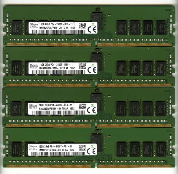 【RDIMM】DDR4-2400、ECC Registered、16GBの4枚セットで64GB、中古 SKhynix reg pc4 サーバー メモリ 1652