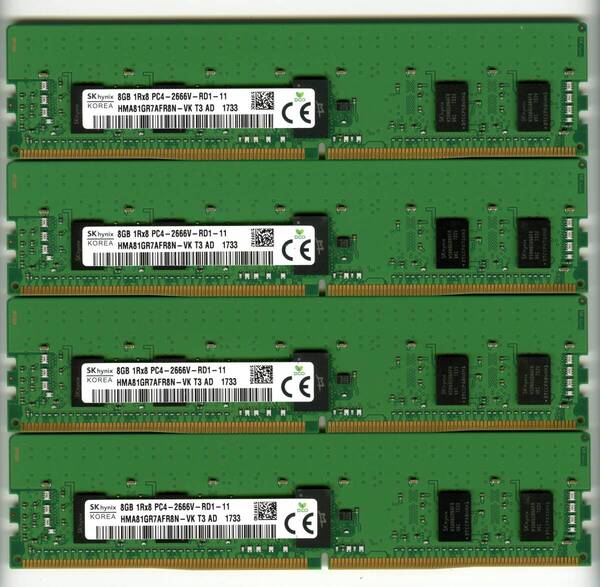 【RDIMM】DDR4-2666、ECC Registered、8GBの4枚セットで32GB、中古 SKhynix reg pc4 サーバー メモリ Z4 G4で動作確認済み 1733-4