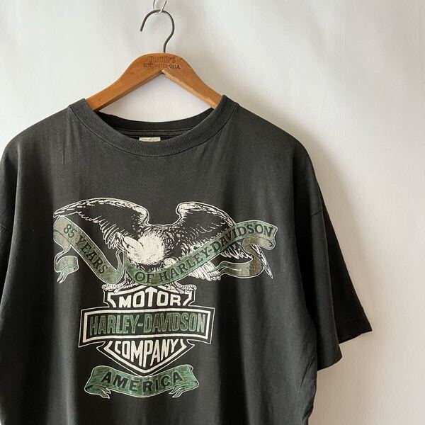 80s HARLEY DAVIDSON イーグル エンブレム リボン Tシャツ L ブラック ユーロ製 ビンテージ 80年代 ハーレーダビッドソン 鷲 ヴィンテージ