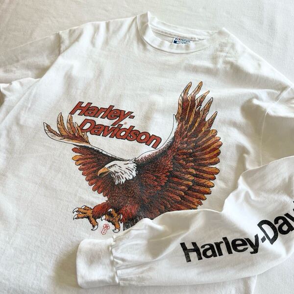 80s HARLEY DAVIDSON イーグル 長袖 Tシャツ L ホワイト USA製 ビンテージ 80年代 ハーレーダビッドソン 鷲 ロンT オリジナル ヴィンテージ