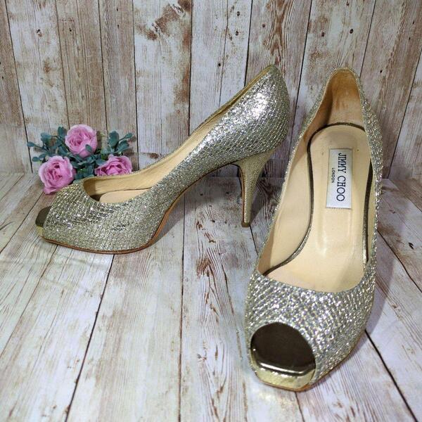 【JIMMY CHOO】グリッター☆パンプス☆オープントゥ☆37☆ジミーチュウ☆ハイヒール☆シルバー×シャンパンゴールド☆レディース靴