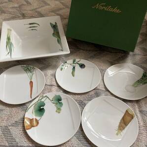 ノリタケ Noritake Y1025/1620-38 野菜絵皿直径約10.5cm5枚 四角い大皿約23.5cm1枚 野菜皿(人参、かぼちゃ、なす、筍、かぶ)
