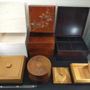 ■送料無料!■まとめて■欅・2段重箱・丸型■重箱■弁当箱■小物入れ■木製■無垢■天然木■6点セット!