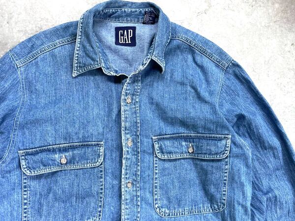 90s old gap オールド ギャップ インディゴ デニム 長袖 シャツ デカタグ s ビンテージ USA ゆるだぼ y2k 雰囲気 色落ち vintage 古着