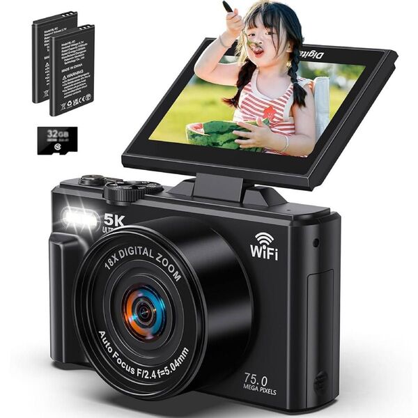 デジカメ デジタルカメラ 5K録画 デジカメ 自撮り セルフィ 7500万画素 Wi-Fi機能 180度回転可能ディスプ