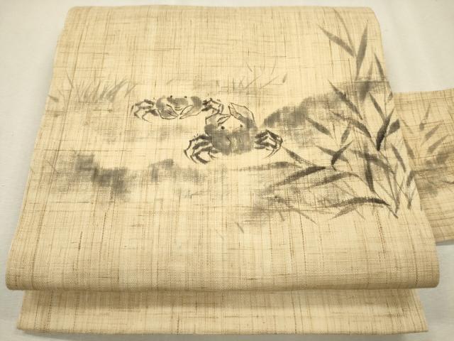 超美品　正絹　九寸名古屋帯　シンプル　モダン　カニ蟹　作家物　手書き　落款342 12星座の 名古屋帯 蟹座 かに座 西陣織 正絹 星占い 星座 九寸