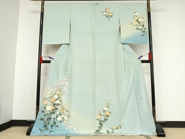 十日町友禅 遠田藤舟落款 正絹 着物“笑顔を向けるサルビア”訪問着 R-73 遠田藤舟 十日町友禅 手描き 椿 訪問着 一つ紋 袷 正絹 肌色