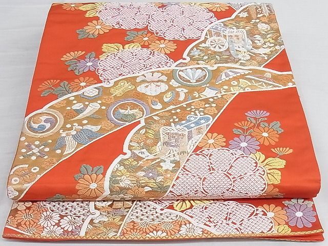 DA803 織賓名錦集　定価¥212,500 錦唐織 九寸名古屋帯 小葵 菊 金糸 銀糸 正絹 Q897 平和屋着物