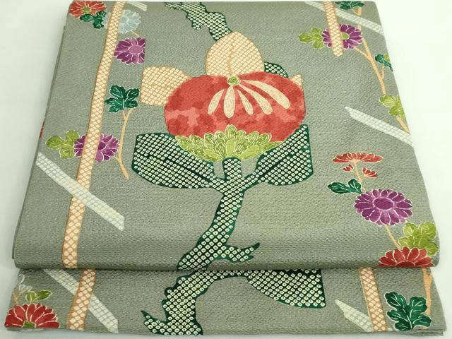 ⑥⑦⑥京都 多ち花 摺型友禅 縮緬 全通柄 名古屋帯 正絹 未使用品 おがわ屋ごのみ 「京都 多ち花」摺り型友禅帯 - きもの おがわ屋