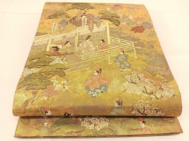 源氏物語の世界 全通柄袋帯正絹 京洛時代祭還幸絵巻 純金箔保証 箱入未使用 源氏物語の世界 全通柄袋帯正絹 京洛時代祭還幸絵巻 純金箔保証