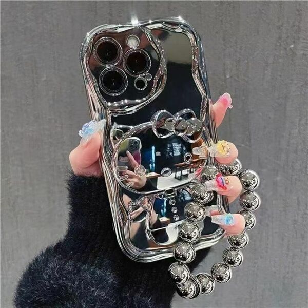 iPhone15pro スタンド機能 化粧鏡付 ストラップ付 人気ねこ シルバー
