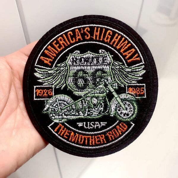 ワッペン アイロン接着 小さいサイズ 豪華刺繍 バイカー 「米国ルート66」