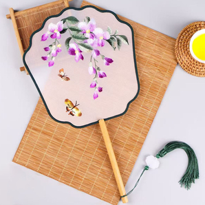 高級団扇 うちわ 両面刺繍 シルク素材 上品手芸 中国伝統刺繍 お祭り 藤の花