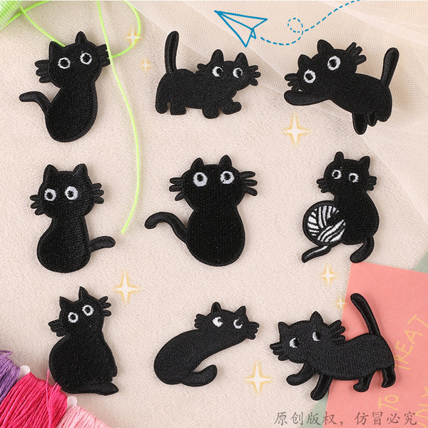 9点セット ワッペン アイロン 刺繍 猫 クロネコ 洋服 裁縫 補修 ブラック