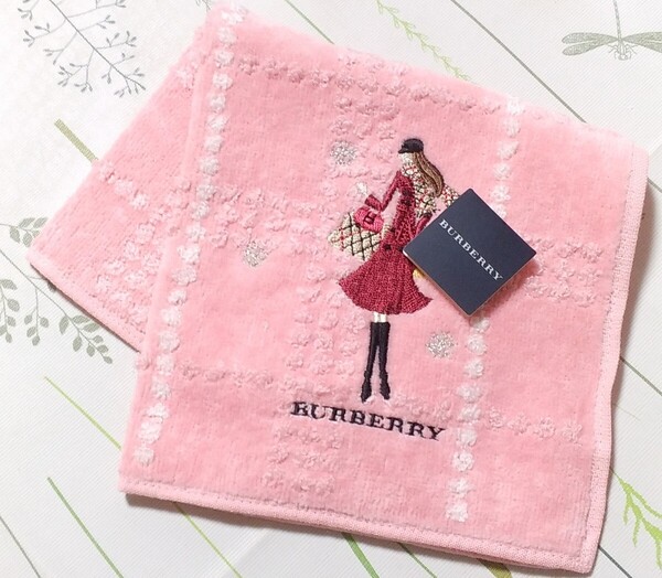 送料無料! バーバリー 女の子 刺繍 タオル ハンカチ 未使用品 日本製 ピンク ラメ入り