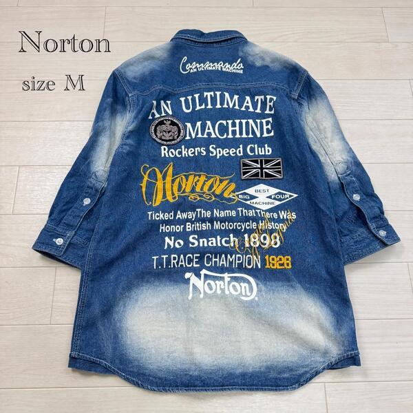 Norton ノートン メンズ 七分袖デニムシャツ ビッグプリント 袖ロールアップ 春夏 ウォッシュ加工 ヴィンテージ加工 ブルー M