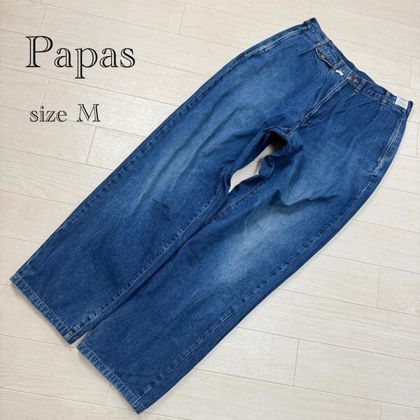 Papas パパス メンズ ワイドテーパードデニムパンツ 2タック シンプル 定番 ウォッシュ加工 ヴィンテージ加工 ブルー M 洗濯可