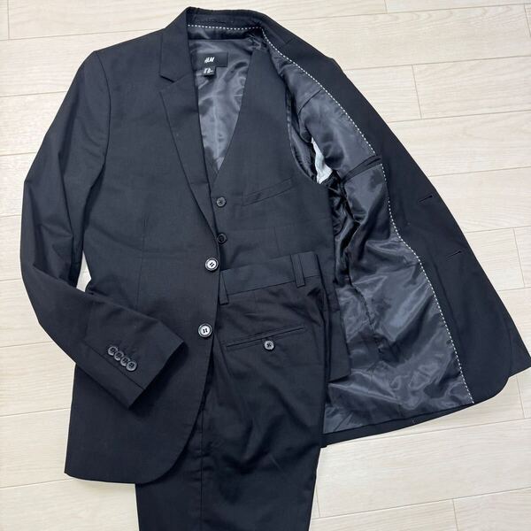H&M エイチアンドエム メンズ シングルスーツ セットアップ 3ピース 総裏 黒 165 フォーマル ビジネス ボトムスウォッシャブル