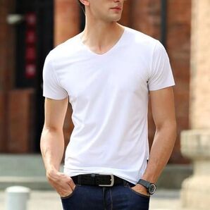 t5【2枚セット白 L 】 メンズ アンダーシャツ 接触冷感 Vネック シームレス 薄手 半袖 スリム トップス インナーシャツ 無地 夏