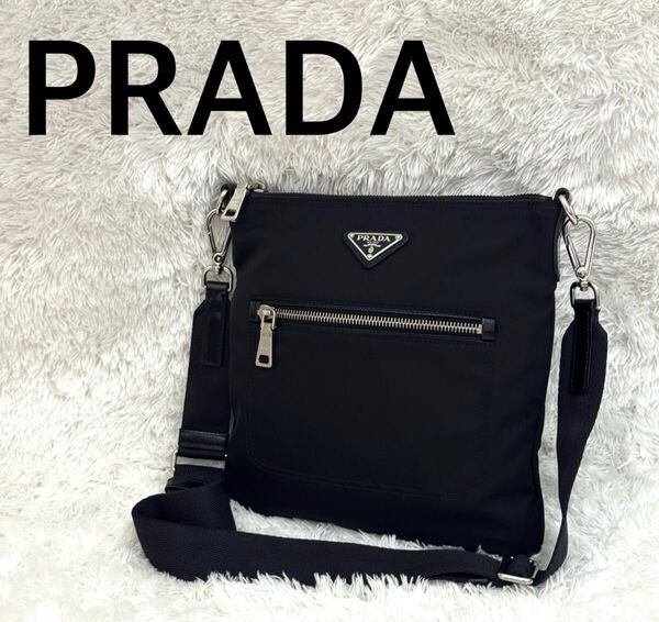 ☆極美品☆PRADA プラダ ナイロン ショルダーバッグ ブラック シルバー金具 黒 三角プレート 三角ロゴ トライアングル