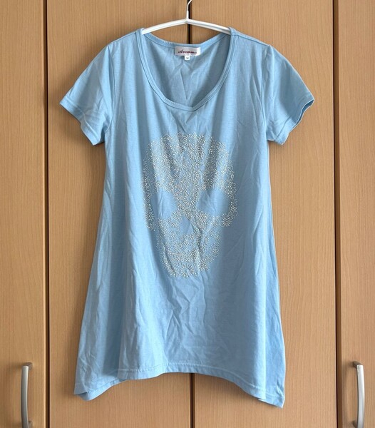 ☆【Avemme】カットソー Tシャツ ロング シルバービジュー メキシコスカル ドクロ 水色 Aライン レディース Mサイズ☆