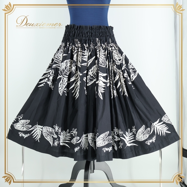『送料無料』【フラダンス衣装】ブラック系 ALOHA FABRICS パウスカート 黒 白 プルメリア柄 花柄 葉っぱ柄 モノトーン ホワイト系 可愛い
