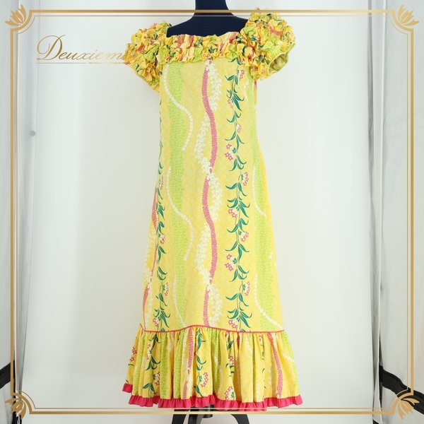 フラダンス 衣装 ワンピース ドレス フラ ダンス T&L MUUMUU FACTORY イエロー系 ハワイアン 花柄 フリル ハワイ製 黄 緑 白 グリーン系