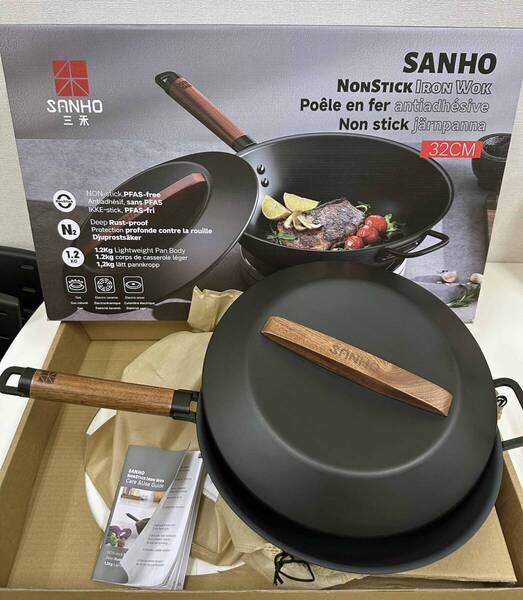 展示品 ★ SANHO サンホ 鉄製 深型 フライパン 32cm 蓋つき 収納袋付き 中華鍋 ノンスティック 軽量 鉄 ガス 電気セラミック 電気コンロ