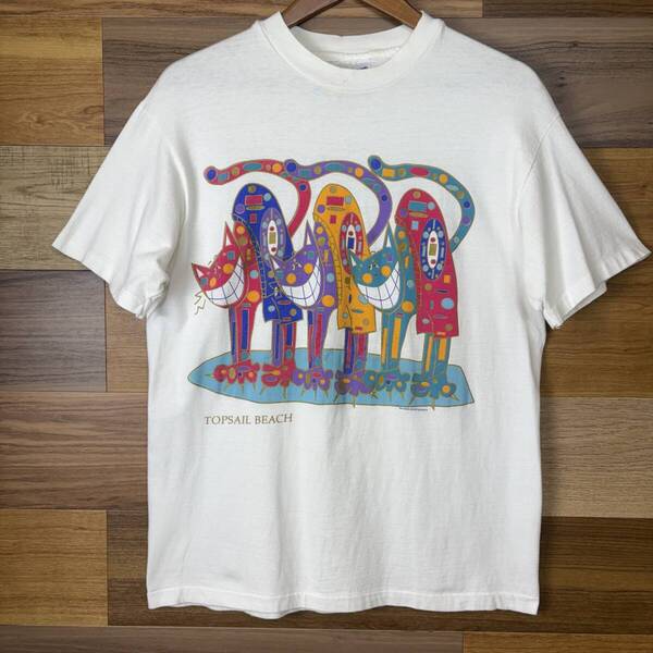 USA製 90s TOPSAIL BEACH 猫 キャラクター T-sh スーベニア お土産 Tシャツ サイズ メンズ L シングルステッチ アメリカ製 古着 r25070846