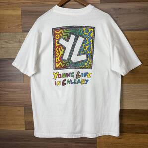 USA製 80s Young Life In Calgary グラフィックアート デザイン 両面プリント T-sh Tシャツ サイズ メンズ XL シングルステッチ r25070852