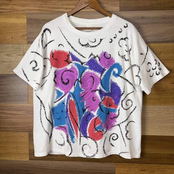 USA製 90s アートデザイン 総柄 T-sh Tシャツ サイズ メンズ L位 袖シングルステッチ アメリカ製 90年代 VINTAGE ビンテージ古着 r25070879
