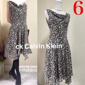 ck カルバンクライ Calvin Klein ジョーゼット ドレス ワンピース 6 L XL ブラウン 総柄 シルクタッチジョーゼット スタイル美人