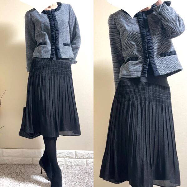 Lスーツ!innowave ツイード ジャケット 23区 シルバーラメジョーゼット フレアスカート 七五三 入学式 卒業式 紺紺