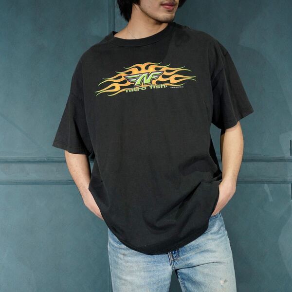 90's~00's USA VINTAGE JERZEES NITRO FISH DOUBLE SIDED PRINT DESIGN T SHIRT/90年代~00年代アメリカ古着両面プリントデザインTシャツ